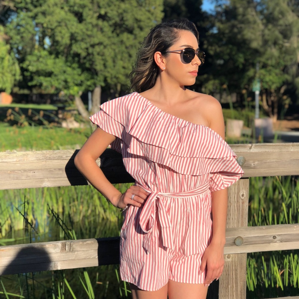 Pink asymmetrical shoulder romper
